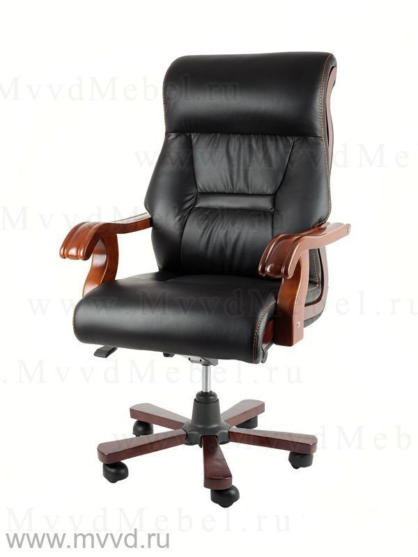 Кресло руководителя RT-845 чёрное с обивкой из натуральной кожи и деревянными подлокотниками с кожаной вставкой (BM)