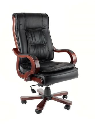 Кресло руководителя RT-982 чёрное с обивкой из натуральной кожи и деревянными подлокотниками с кожаной вставкой (BM)