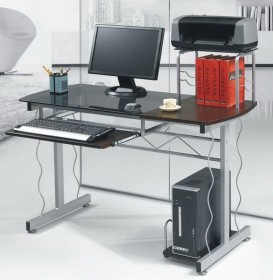 Стеклянный компьютерный стол SB-T1234B чёрный с декором орех (SB)