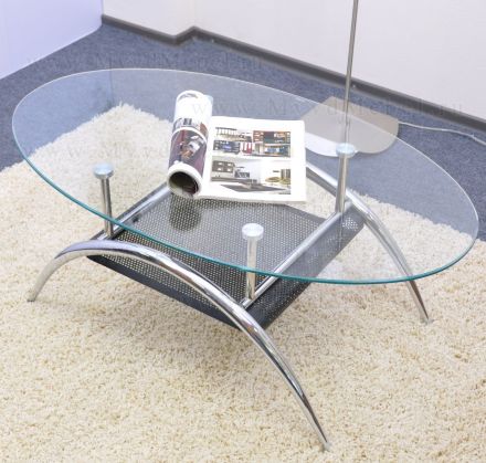 Овальный журнальный столик из стекла G-501 подстолье - чёрная металлическая сетка