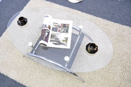 Овальный журнальный столик из стекла G-501 подстолье - чёрная металлическая сетка