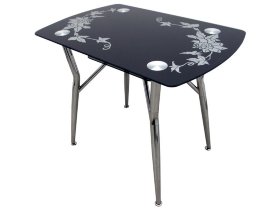Прямоугольный обеденный стол КАМЕЛИЯ-9 черное стекло с витражным рисунком (GT-AD)