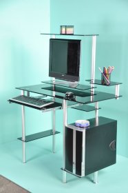 Стеклянный стол для компьютера D98G5 стекло чёрное, опоры серебро - Расродажа