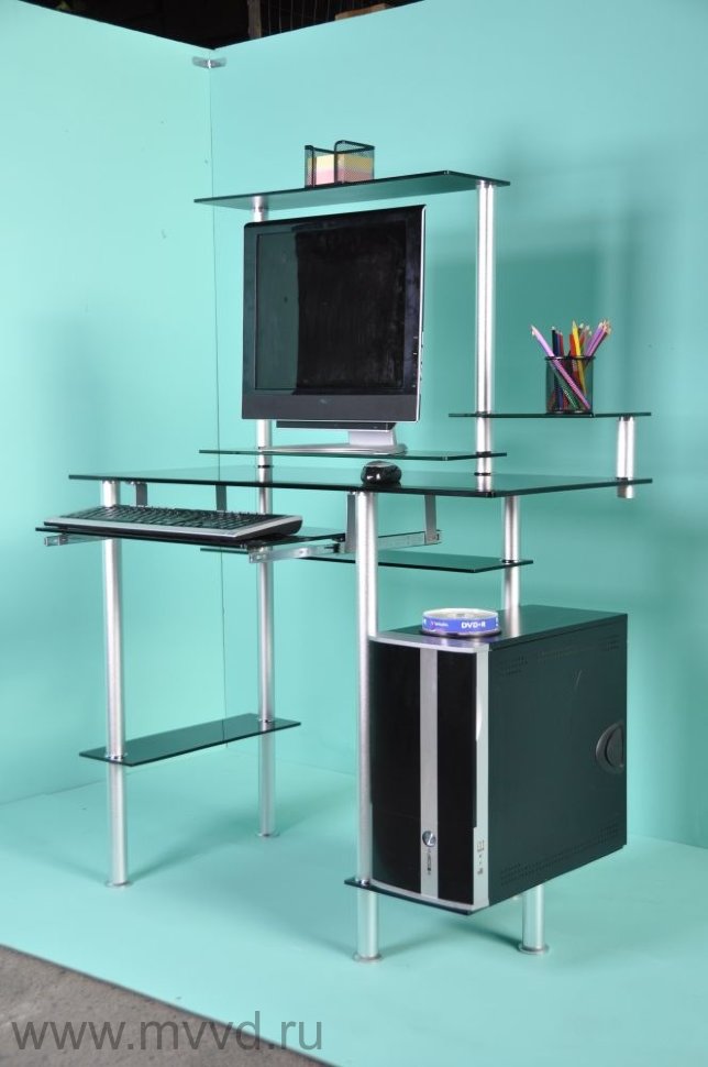 Стеклянный стол для компьютера D98G5 стекло чёрное, опоры серебро - Расродажа