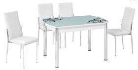 Обеденная группа: стол В-М12 белое стекло с рисунком и 4 (четыре) стула С-S320 белая искуственная кожа