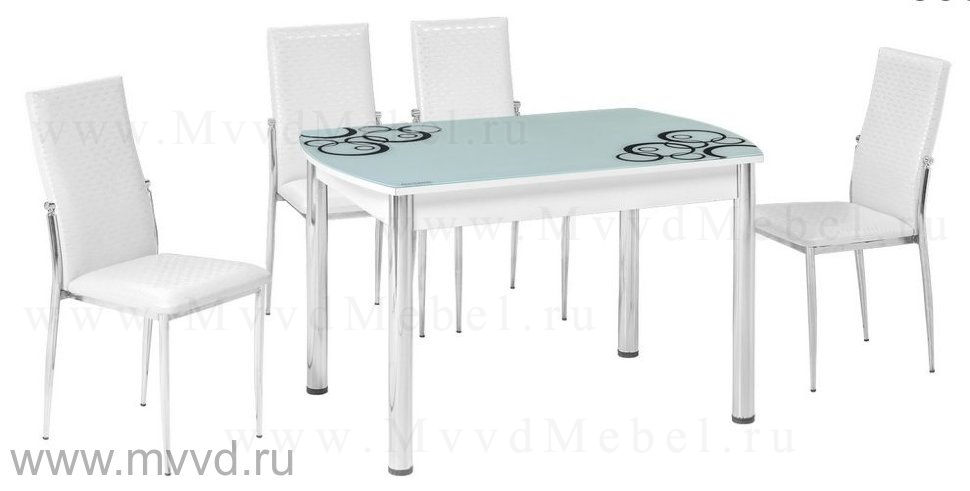 Обеденная группа: стол В-М12 белое стекло с рисунком и 4 (четыре) стула С-S320 белая искуственная кожа