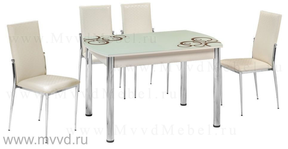 Обеденная группа: стол В-М12 кремовое стекло с рисунком и 4 (четыре) стула С-S320 кремовая искуственная кожа