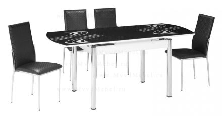 Обеденная группа: стол-трансформер В-М13 чёрное стекло с рисунком и 4 (четыре) стула С-S320 чёрная искуственная кожа