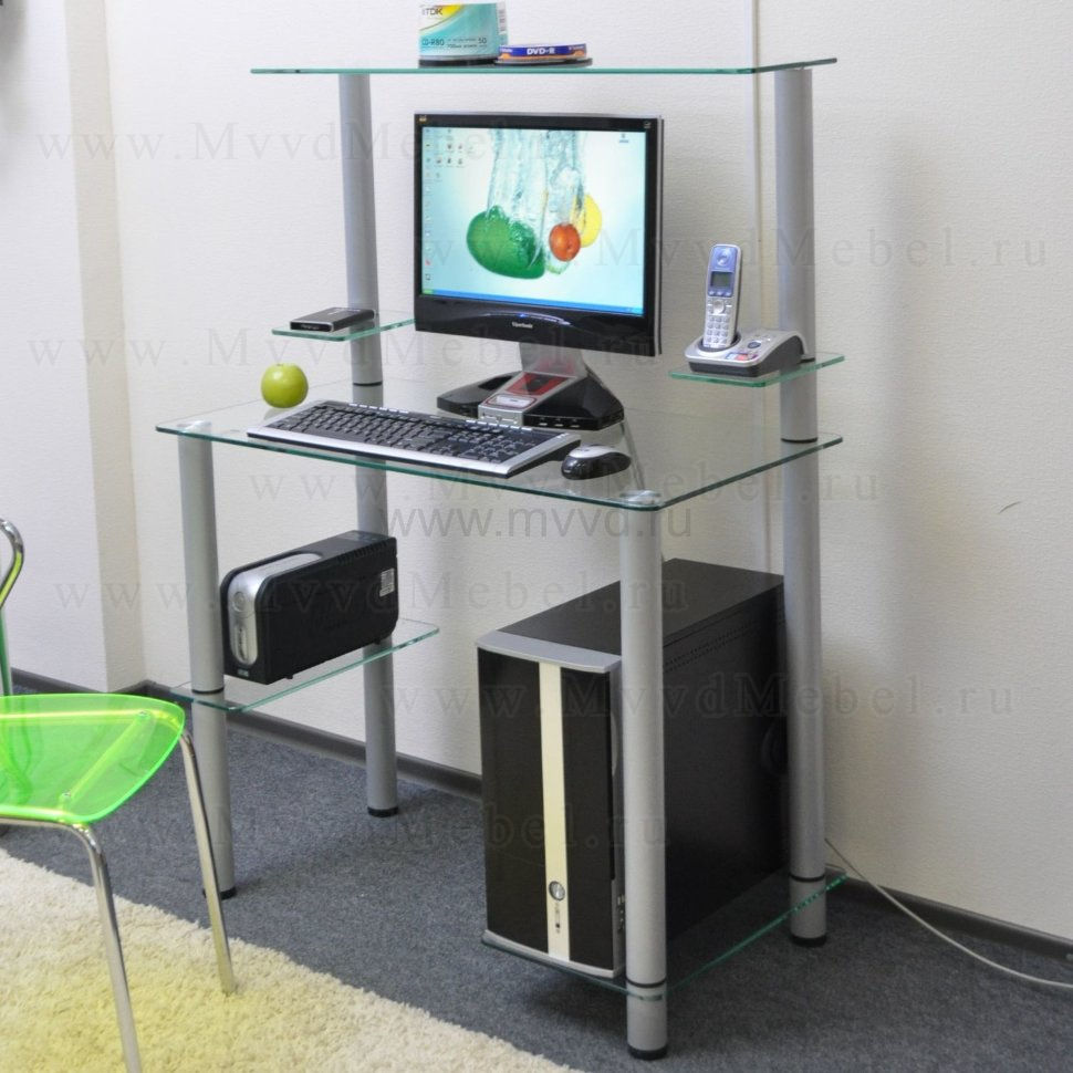 Компьютерный стол на заказ Эдель-KС01 прозрачный / серебро ноги (ширина от 65 см до 110 см)