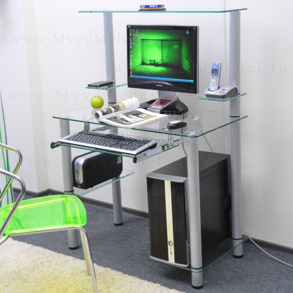 Компьютерный стол на заказ Эдель-KС05k прозрачный / серебро ноги, с полкой для клавиатуры (ширина от 65 см до 110 см)